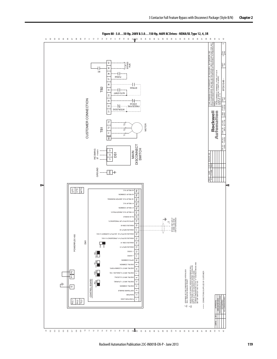 97d01549, Main di s connect s witch, Ds 1 | Cu s t omer connection | Rockwell Automation 23C PowerFlex 400 AC Drive Packages for Fan & Pump Apps User Manual | Page 119 / 202