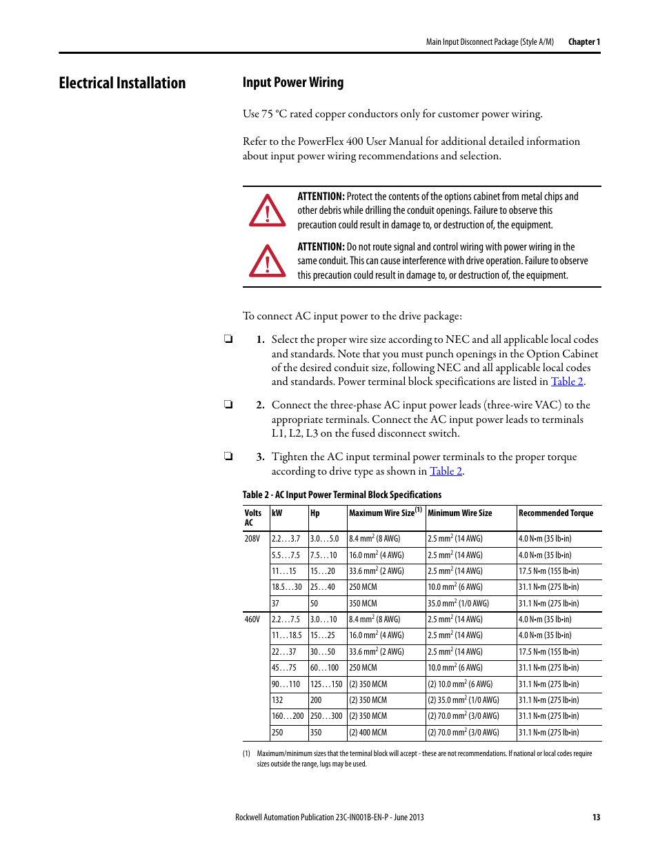 Electrical installation, Input power wiring | Rockwell Automation 23C PowerFlex 400 AC Drive Packages for Fan & Pump Apps User Manual | Page 13 / 202