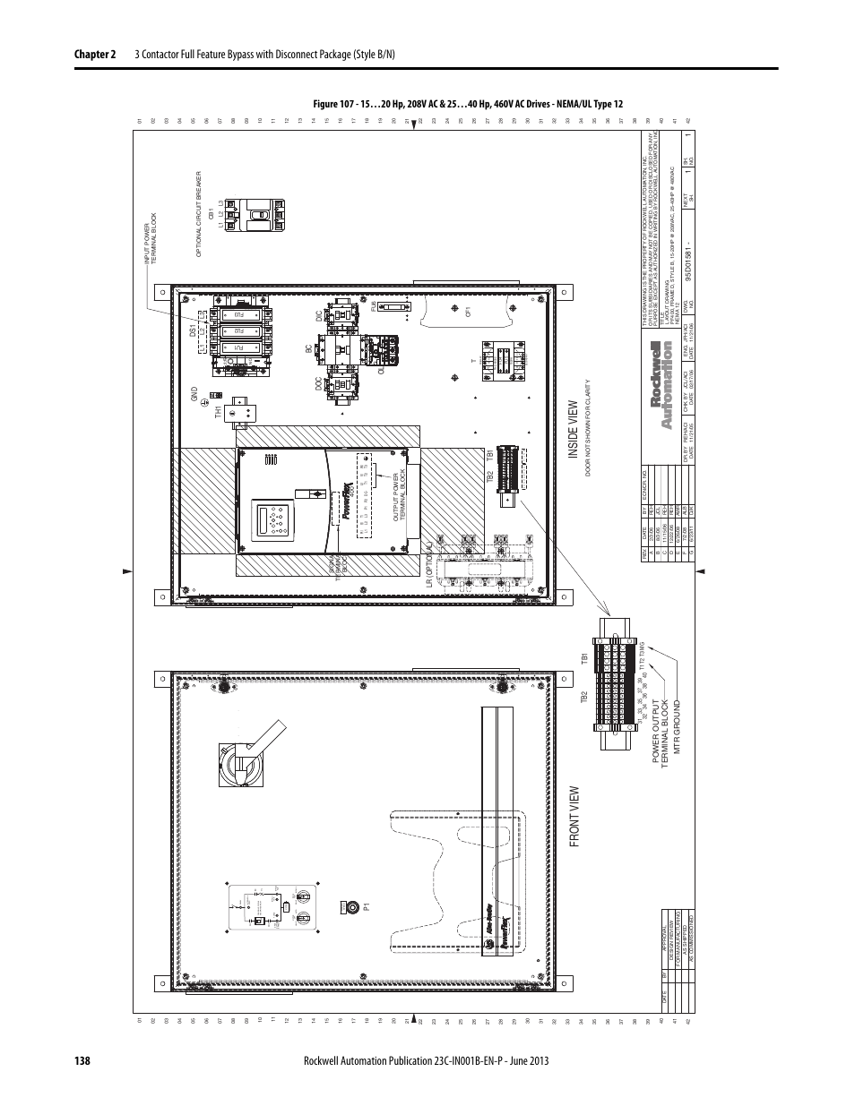 95d01581, Drive, Purge | Byp ass ru n test byp ass drive, Trip byp ass, Inside view fr ont view | Rockwell Automation 23C PowerFlex 400 AC Drive Packages for Fan & Pump Apps User Manual | Page 138 / 202