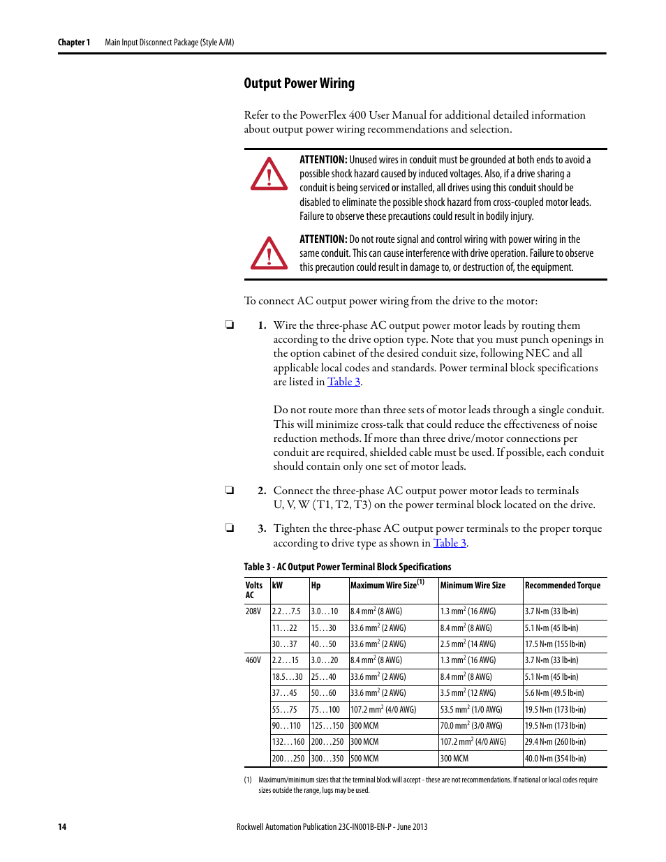 Output power wiring | Rockwell Automation 23C PowerFlex 400 AC Drive Packages for Fan & Pump Apps User Manual | Page 14 / 202