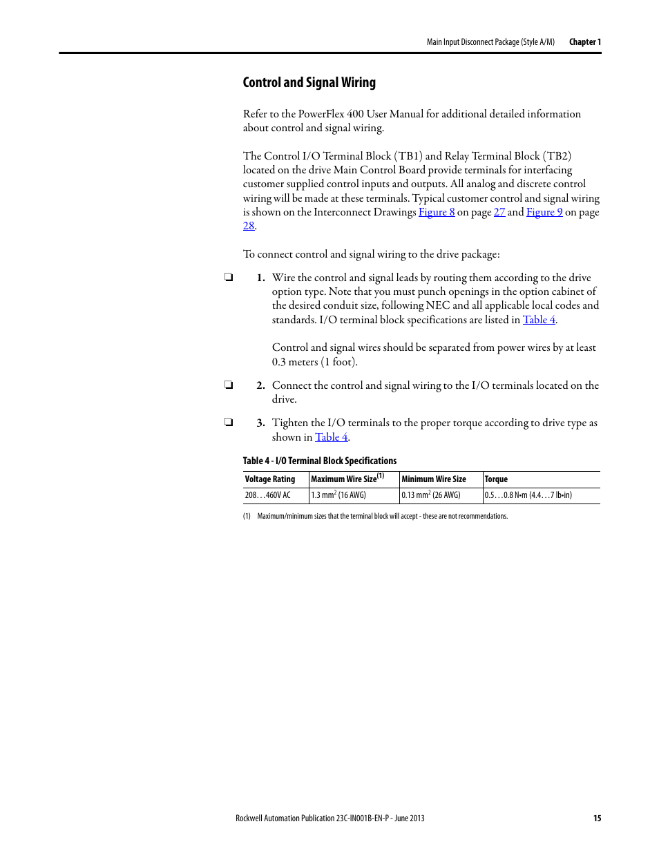 Control and signal wiring | Rockwell Automation 23C PowerFlex 400 AC Drive Packages for Fan & Pump Apps User Manual | Page 15 / 202