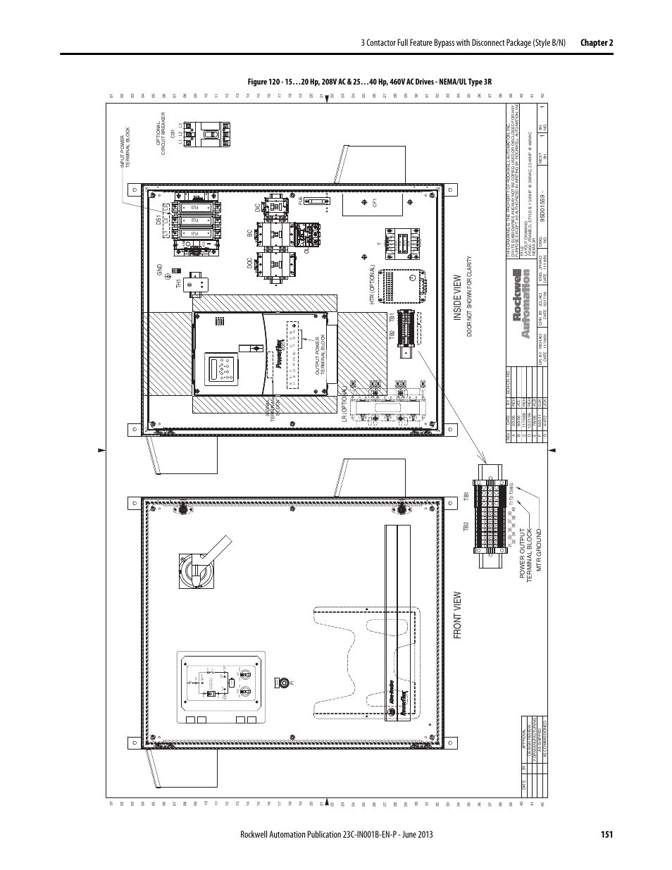 95d01559, Drive, Purge | Byp ass ru n test byp ass drive, Trip byp ass, Inside view fr ont view | Rockwell Automation 23C PowerFlex 400 AC Drive Packages for Fan & Pump Apps User Manual | Page 151 / 202