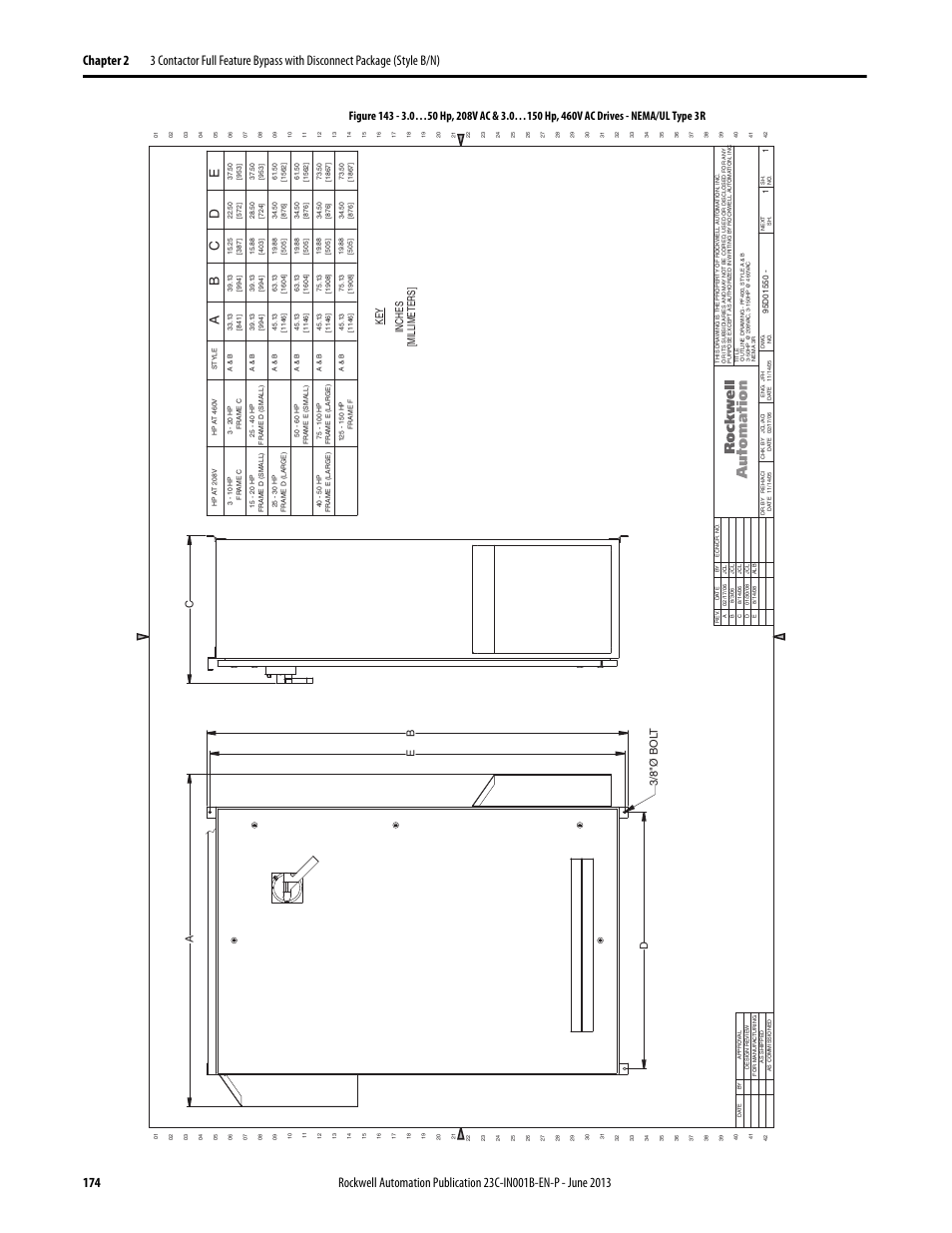 95d01550, Ab c, Millimeter s ] key inche s | E3 /8 "ø bol t | Rockwell Automation 23C PowerFlex 400 AC Drive Packages for Fan & Pump Apps User Manual | Page 174 / 202