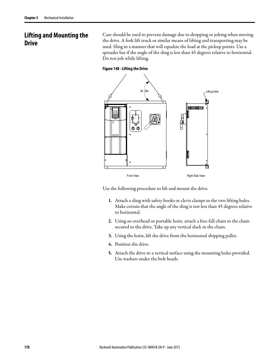 Lifting and mounting the drive | Rockwell Automation 23C PowerFlex 400 AC Drive Packages for Fan & Pump Apps User Manual | Page 178 / 202