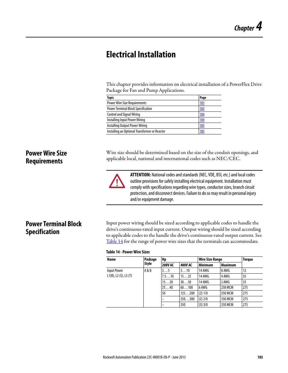 Chapter 4 - electrical installation, Power wire size requirements, Power terminal block specification | Chapter 4, Electrical installation, Chapter | Rockwell Automation 23C PowerFlex 400 AC Drive Packages for Fan & Pump Apps User Manual | Page 183 / 202