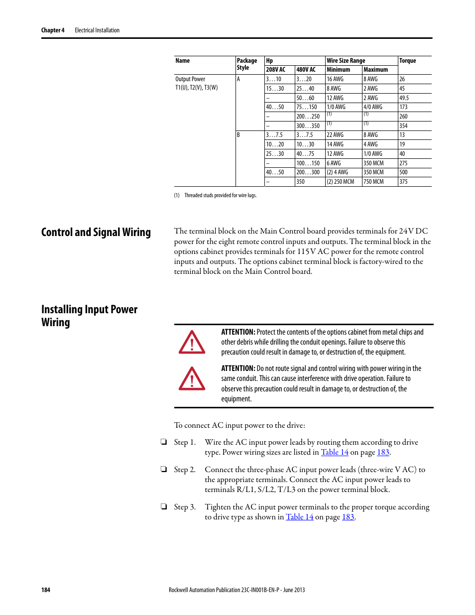 Control and signal wiring, Installing input power wiring | Rockwell Automation 23C PowerFlex 400 AC Drive Packages for Fan & Pump Apps User Manual | Page 184 / 202