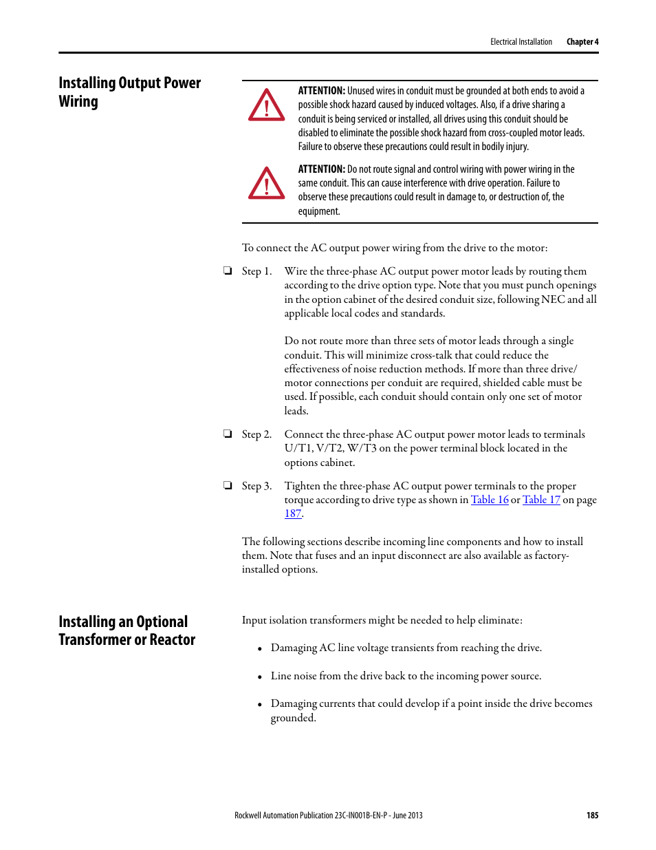 Installing output power wiring, Installing an optional transformer or reactor | Rockwell Automation 23C PowerFlex 400 AC Drive Packages for Fan & Pump Apps User Manual | Page 185 / 202