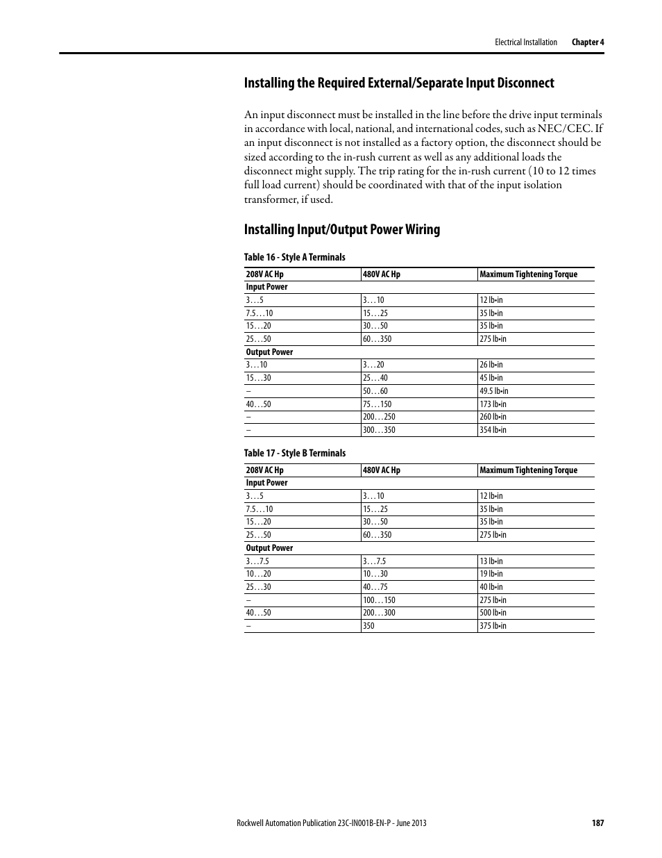 Installing input/output power wiring, Table 16, Table 17 | Rockwell Automation 23C PowerFlex 400 AC Drive Packages for Fan & Pump Apps User Manual | Page 187 / 202