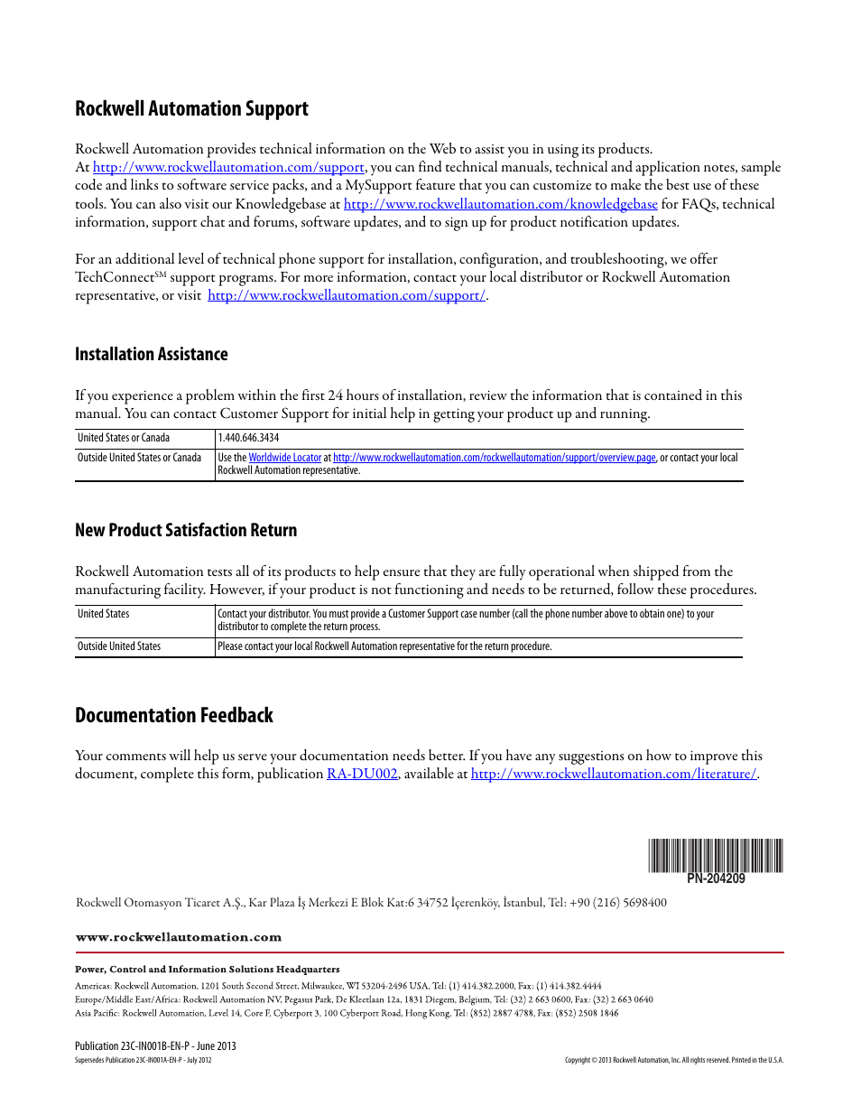 Back cover, Rockwell automation support, Documentation feedback | Installation assistance, New product satisfaction return | Rockwell Automation 23C PowerFlex 400 AC Drive Packages for Fan & Pump Apps User Manual | Page 202 / 202