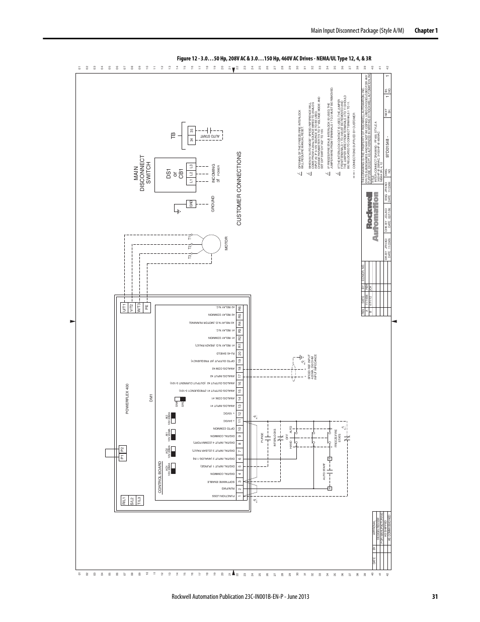 97d01548, Main disconnect switch, Ds1 or cb1 | Cust omer connections | Rockwell Automation 23C PowerFlex 400 AC Drive Packages for Fan & Pump Apps User Manual | Page 31 / 202