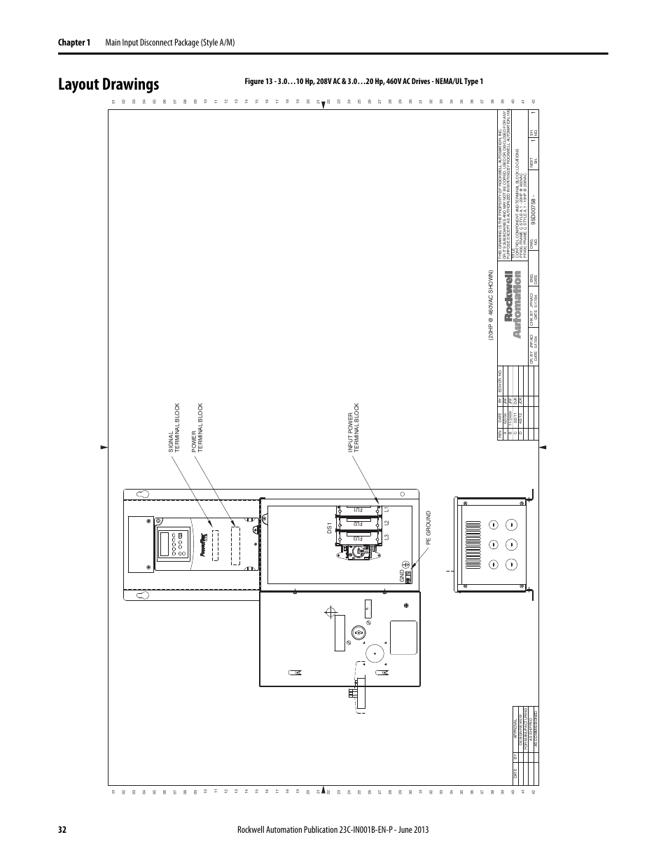 Layout drawings, 95d00758 | Rockwell Automation 23C PowerFlex 400 AC Drive Packages for Fan & Pump Apps User Manual | Page 32 / 202