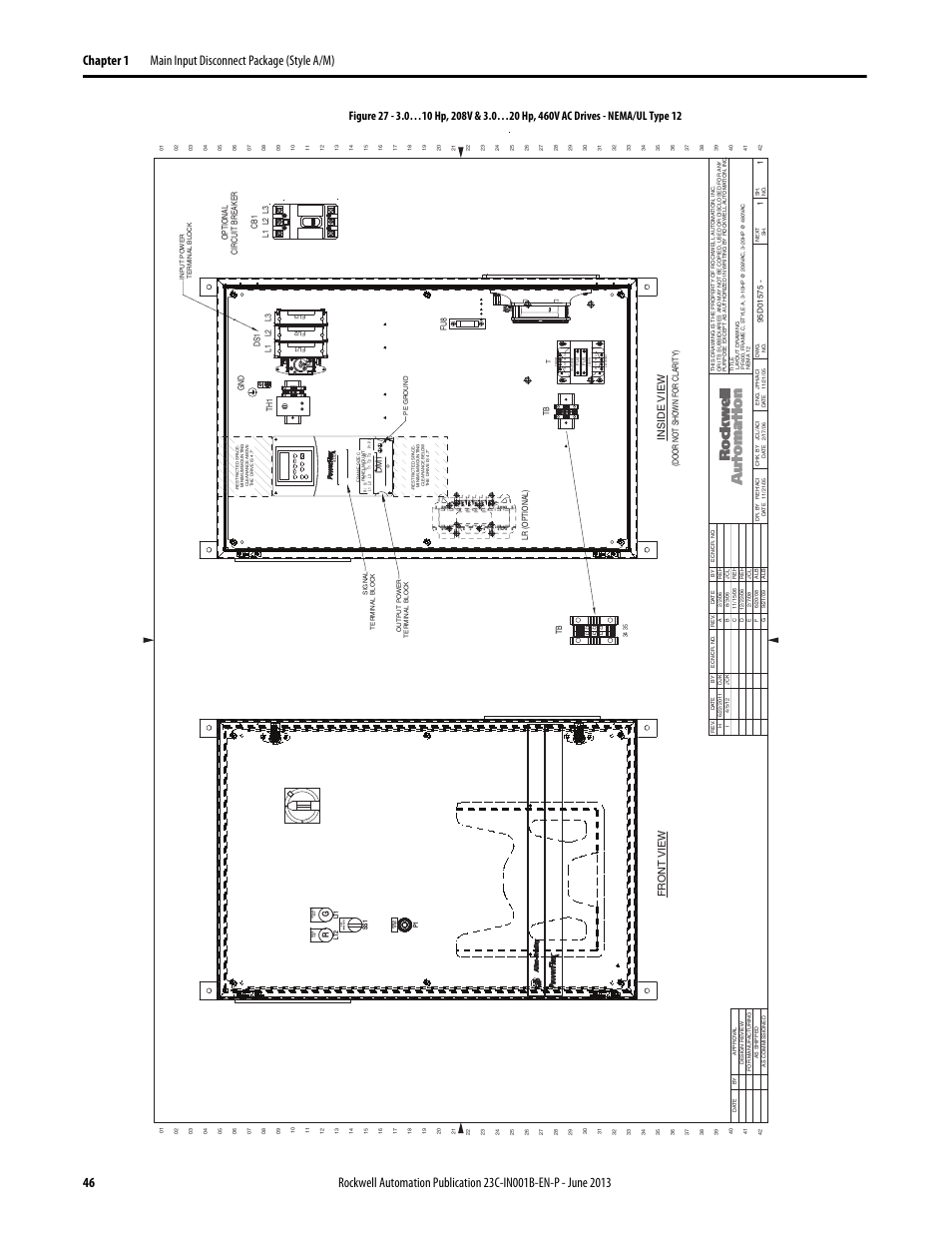 95d01575, Fr ont view, Inside view | Rockwell Automation 23C PowerFlex 400 AC Drive Packages for Fan & Pump Apps User Manual | Page 46 / 202