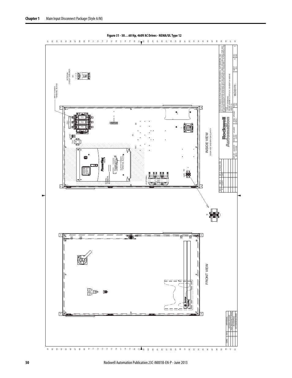 95d02470, Primar y, Open interlock on po wer | Man a ut o off, Speed manu al, Inside view fr ont view | Rockwell Automation 23C PowerFlex 400 AC Drive Packages for Fan & Pump Apps User Manual | Page 50 / 202