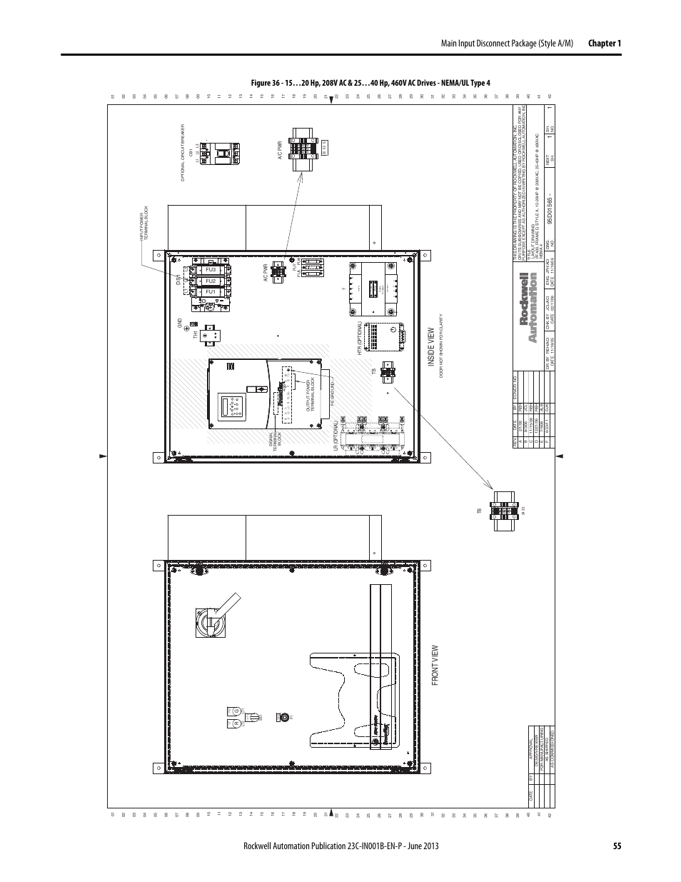 95d01565, Open interlock on po wer, Man a ut o off | Speed manu al, Inside view, Fr ont view | Rockwell Automation 23C PowerFlex 400 AC Drive Packages for Fan & Pump Apps User Manual | Page 55 / 202