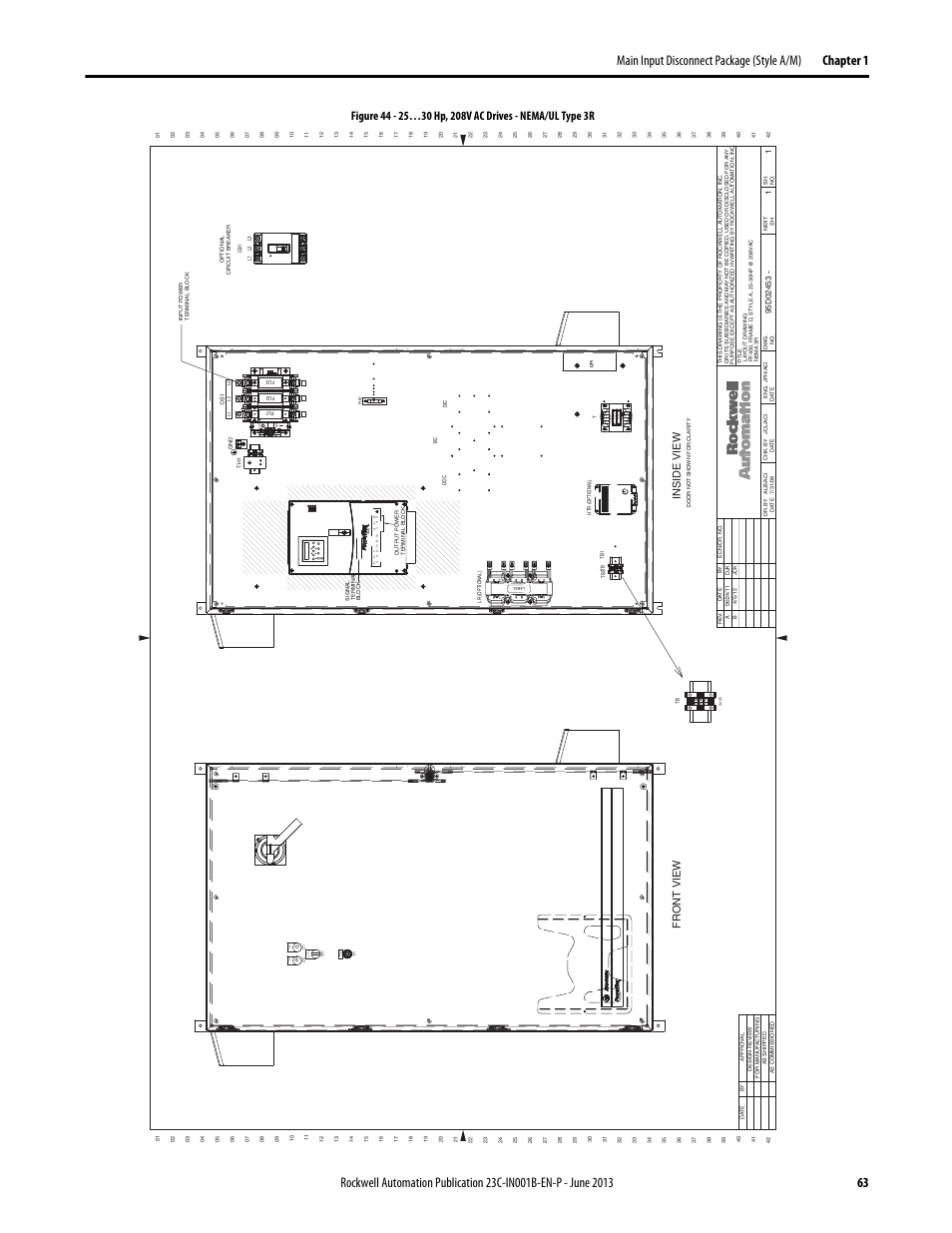 95d02453, Primar y, Open interlock on po wer | Man a ut o off, Speed manu al, Inside view fr ont view | Rockwell Automation 23C PowerFlex 400 AC Drive Packages for Fan & Pump Apps User Manual | Page 63 / 202