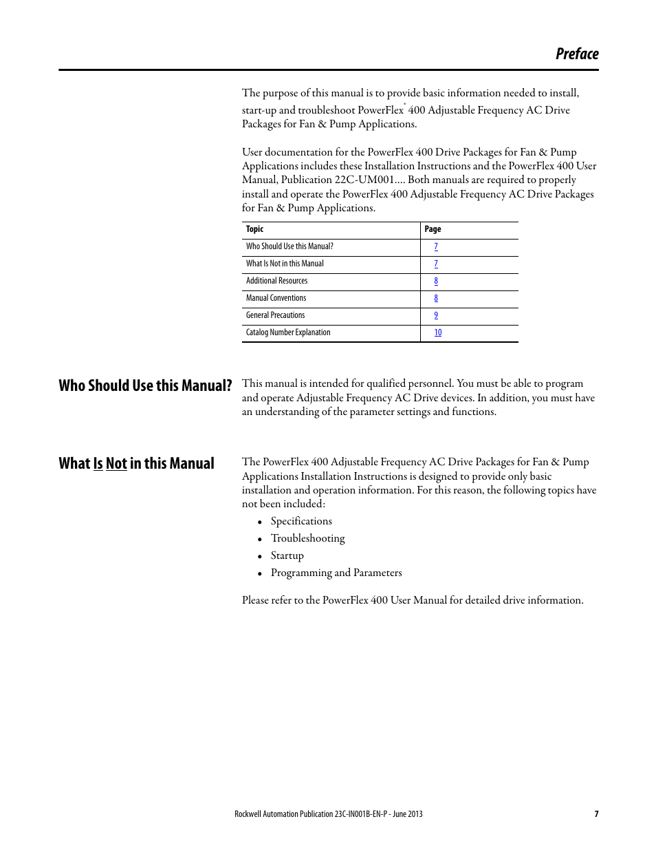 Preface, Who should use this manual, What is not in this manual | Rockwell Automation 23C PowerFlex 400 AC Drive Packages for Fan & Pump Apps User Manual | Page 7 / 202