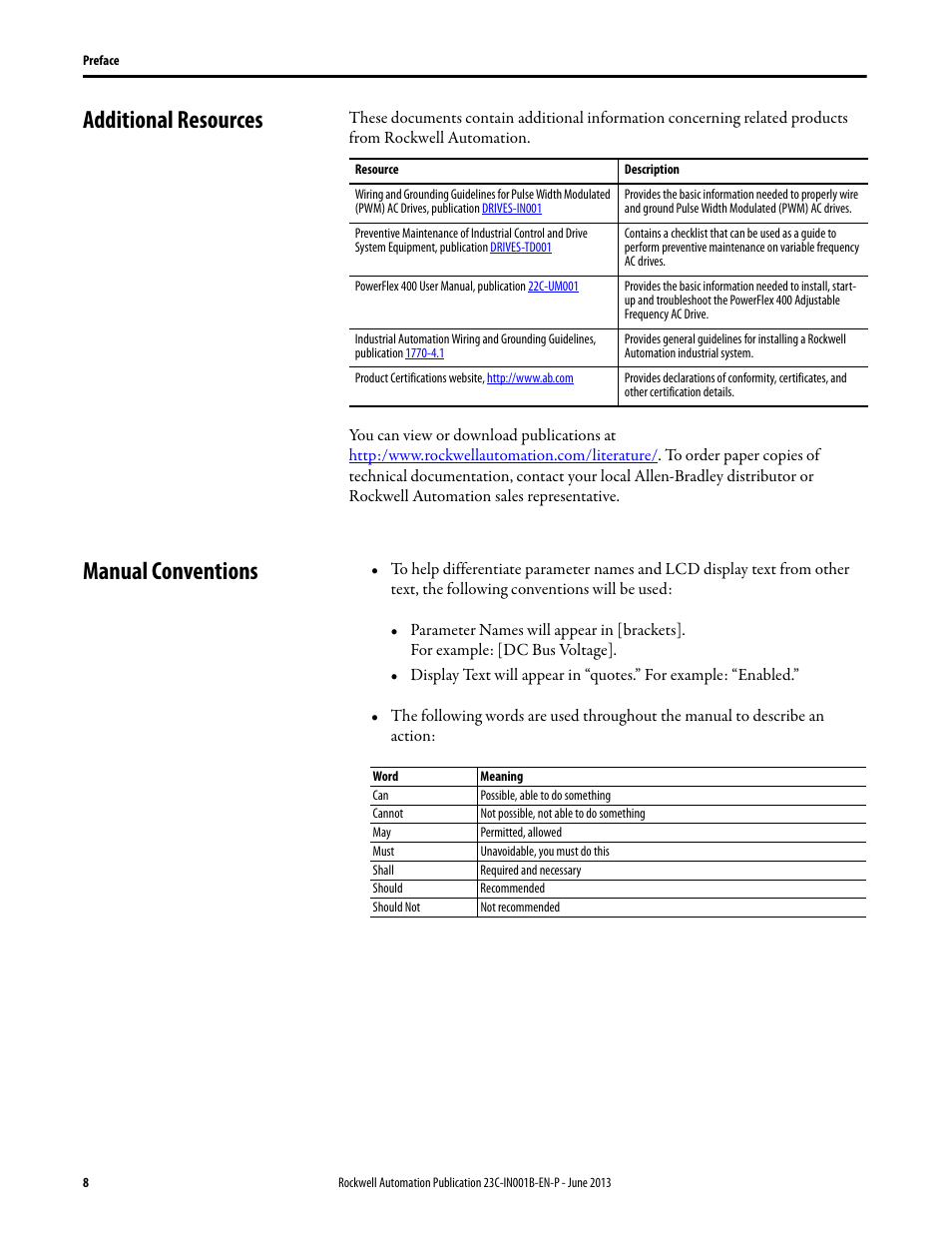 Additional resources, Manual conventions, Additional resources manual conventions | Rockwell Automation 23C PowerFlex 400 AC Drive Packages for Fan & Pump Apps User Manual | Page 8 / 202