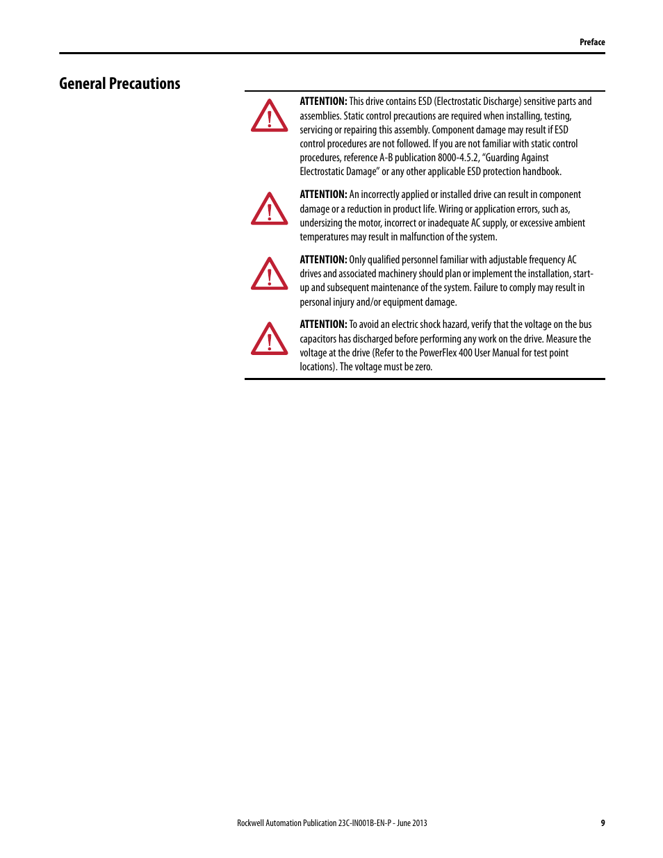 General precautions | Rockwell Automation 23C PowerFlex 400 AC Drive Packages for Fan & Pump Apps User Manual | Page 9 / 202