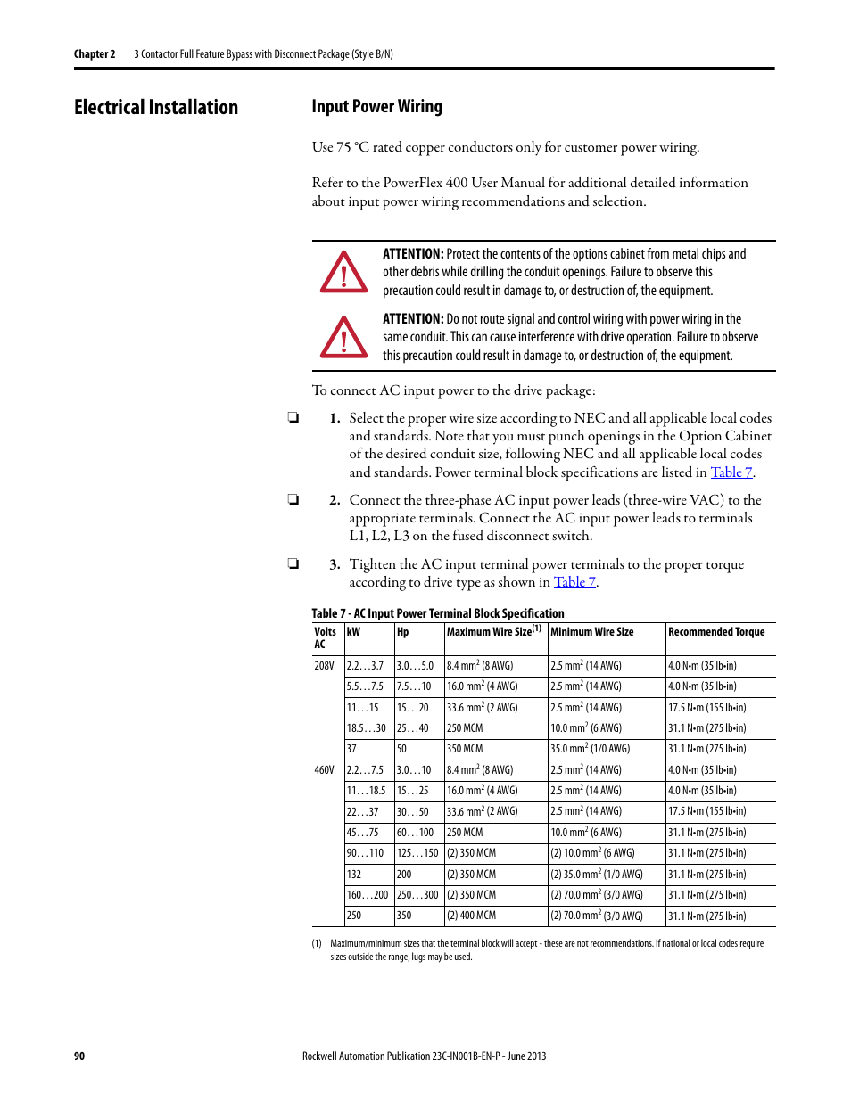 Electrical installation, Input power wiring | Rockwell Automation 23C PowerFlex 400 AC Drive Packages for Fan & Pump Apps User Manual | Page 90 / 202