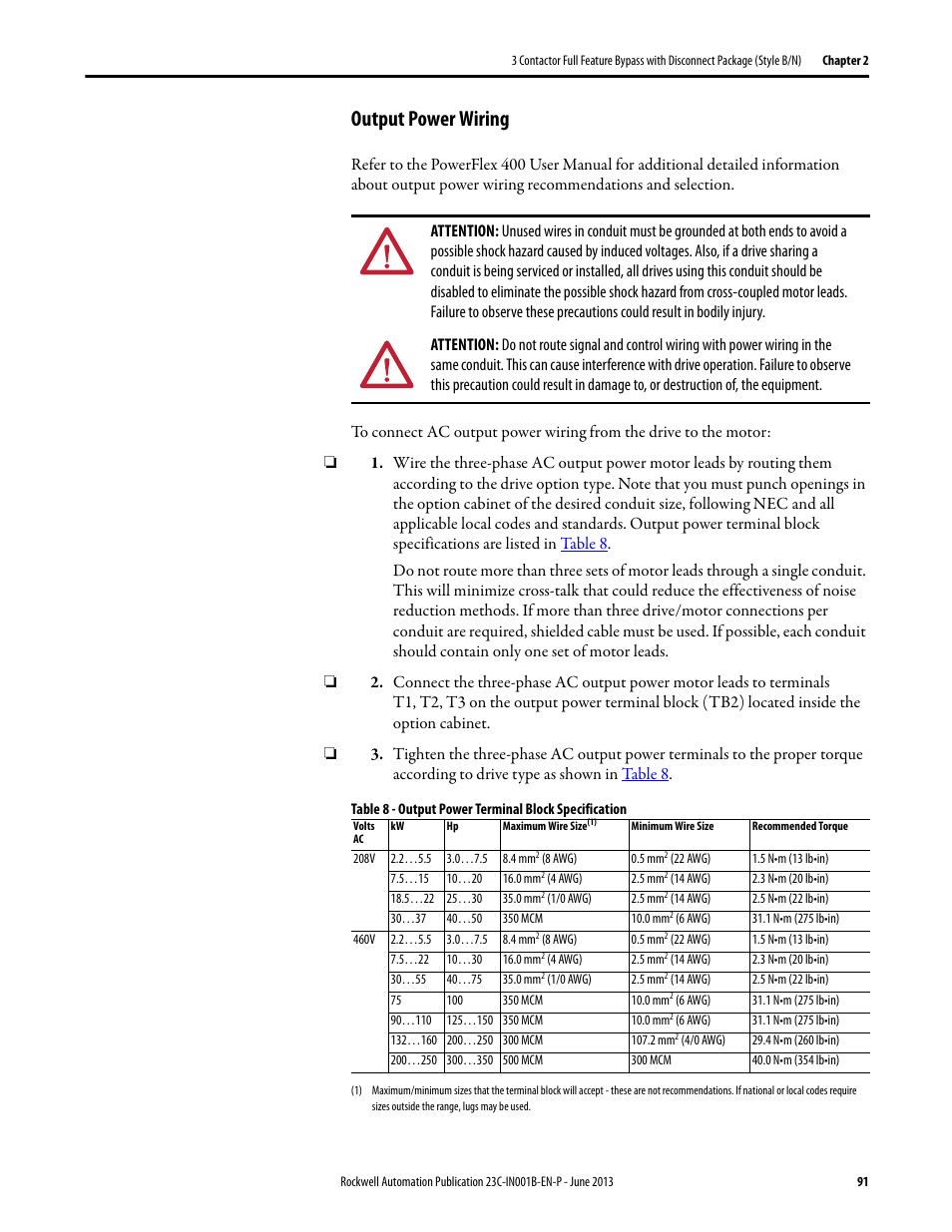 Output power wiring | Rockwell Automation 23C PowerFlex 400 AC Drive Packages for Fan & Pump Apps User Manual | Page 91 / 202