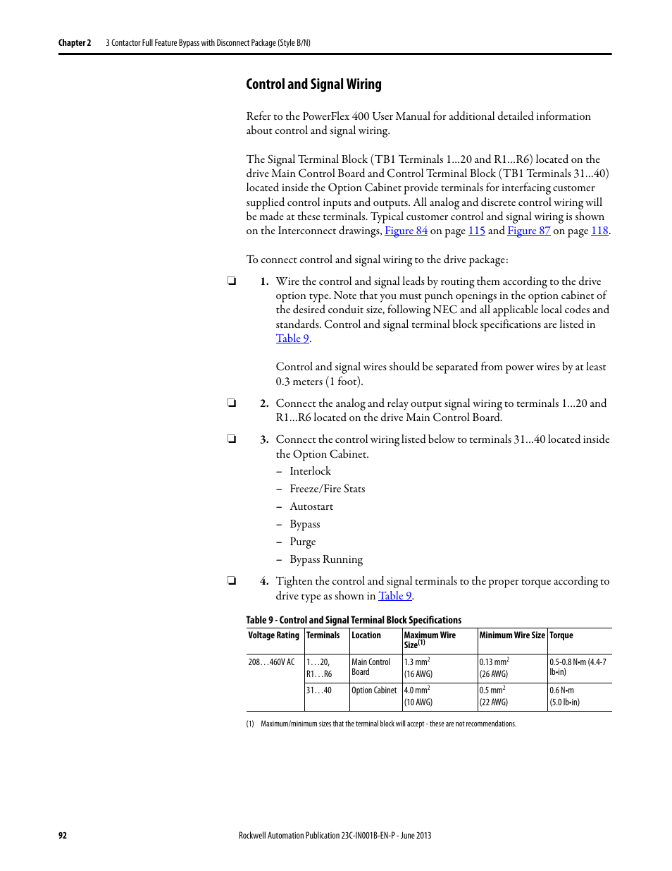 Control and signal wiring | Rockwell Automation 23C PowerFlex 400 AC Drive Packages for Fan & Pump Apps User Manual | Page 92 / 202