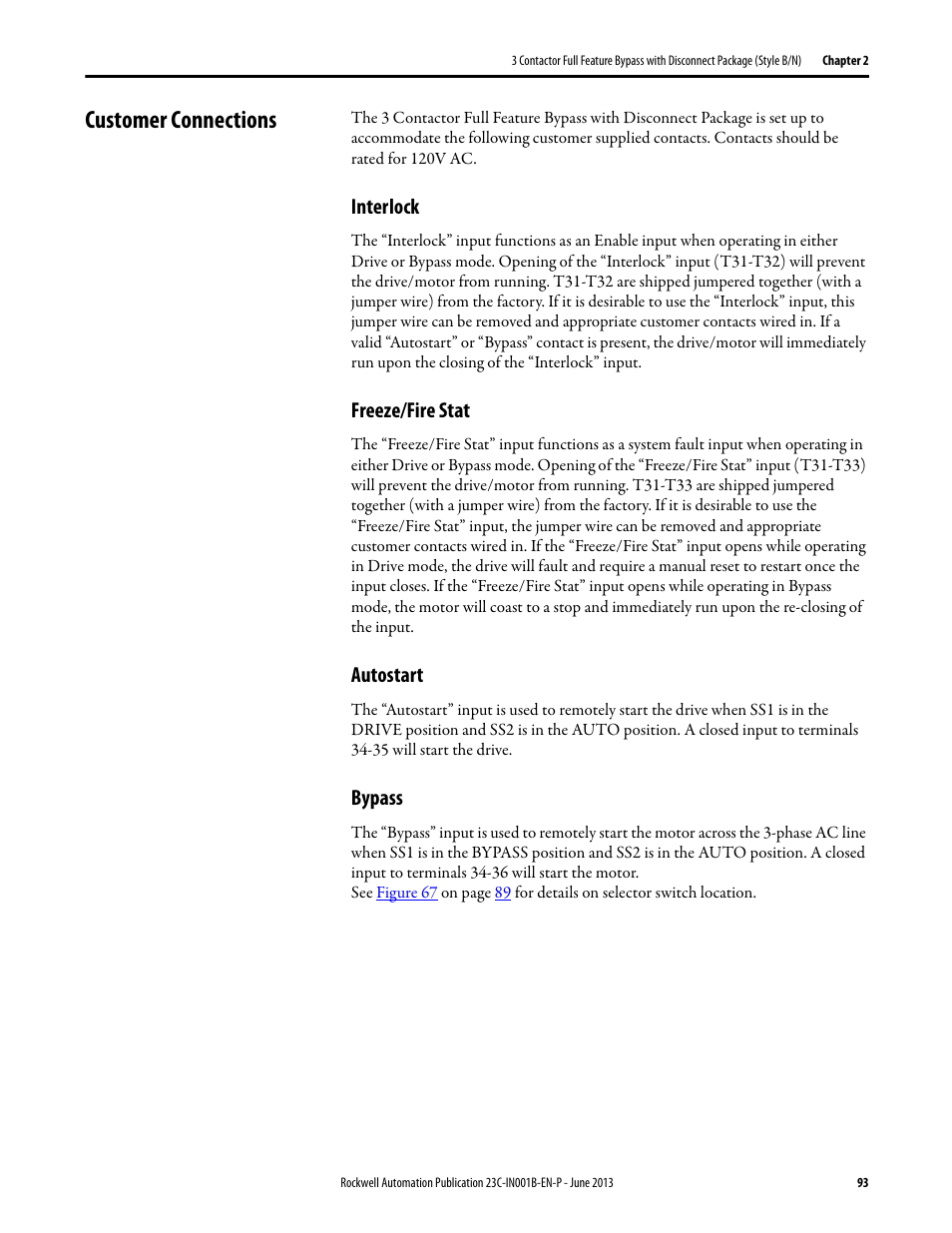 Customer connections, Interlock, Freeze/fire stat | Autostart, Bypass, Interlock freeze/fire stat autostart | Rockwell Automation 23C PowerFlex 400 AC Drive Packages for Fan & Pump Apps User Manual | Page 93 / 202