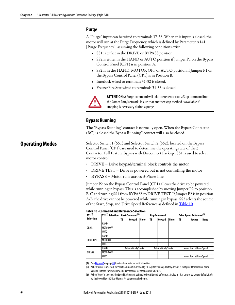 Purge, Bypass running, Operating modes | Purge bypass running | Rockwell Automation 23C PowerFlex 400 AC Drive Packages for Fan & Pump Apps User Manual | Page 94 / 202