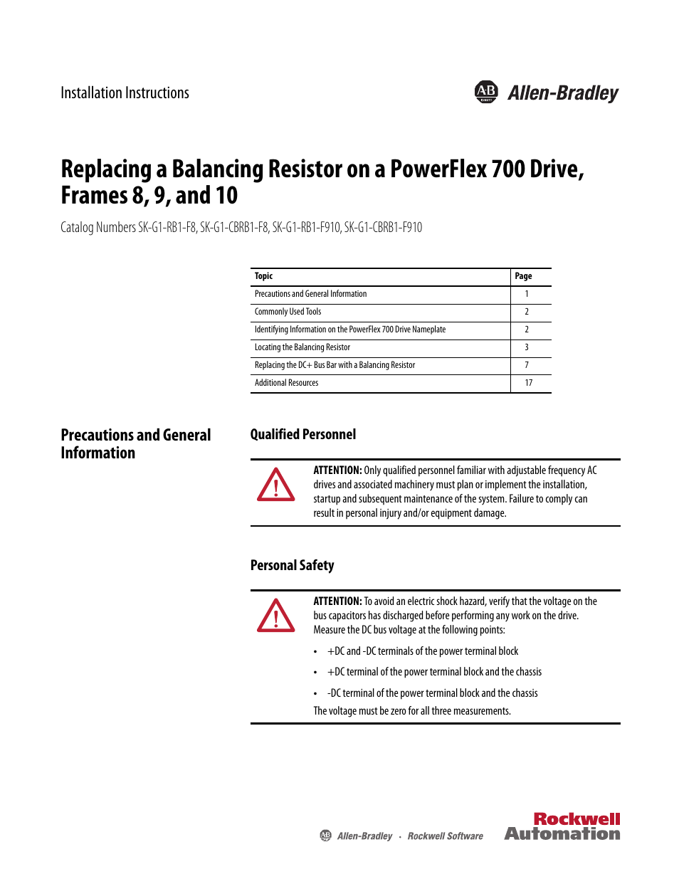 Rockwell Automation 20B Replacing a Balancing Resistor on a PowerFlex 700 Drive, Frames 8, 9, and 10 User Manual | 18 pages