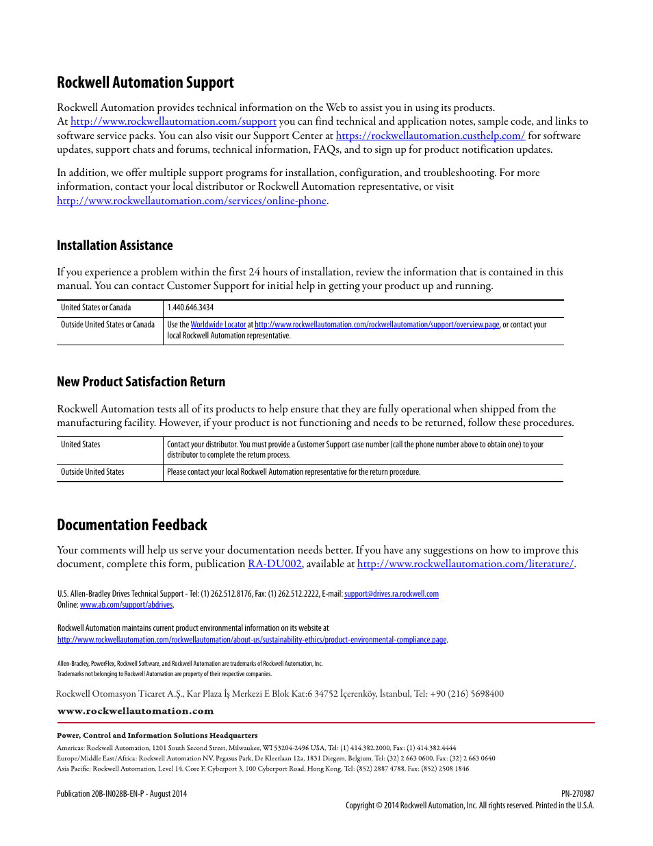 Back cover, Rockwell automation support, Documentation feedback | Installation assistance, New product satisfaction return | Rockwell Automation 20B Replacing a Balancing Resistor on a PowerFlex 700 Drive, Frames 8, 9, and 10 User Manual | Page 18 / 18