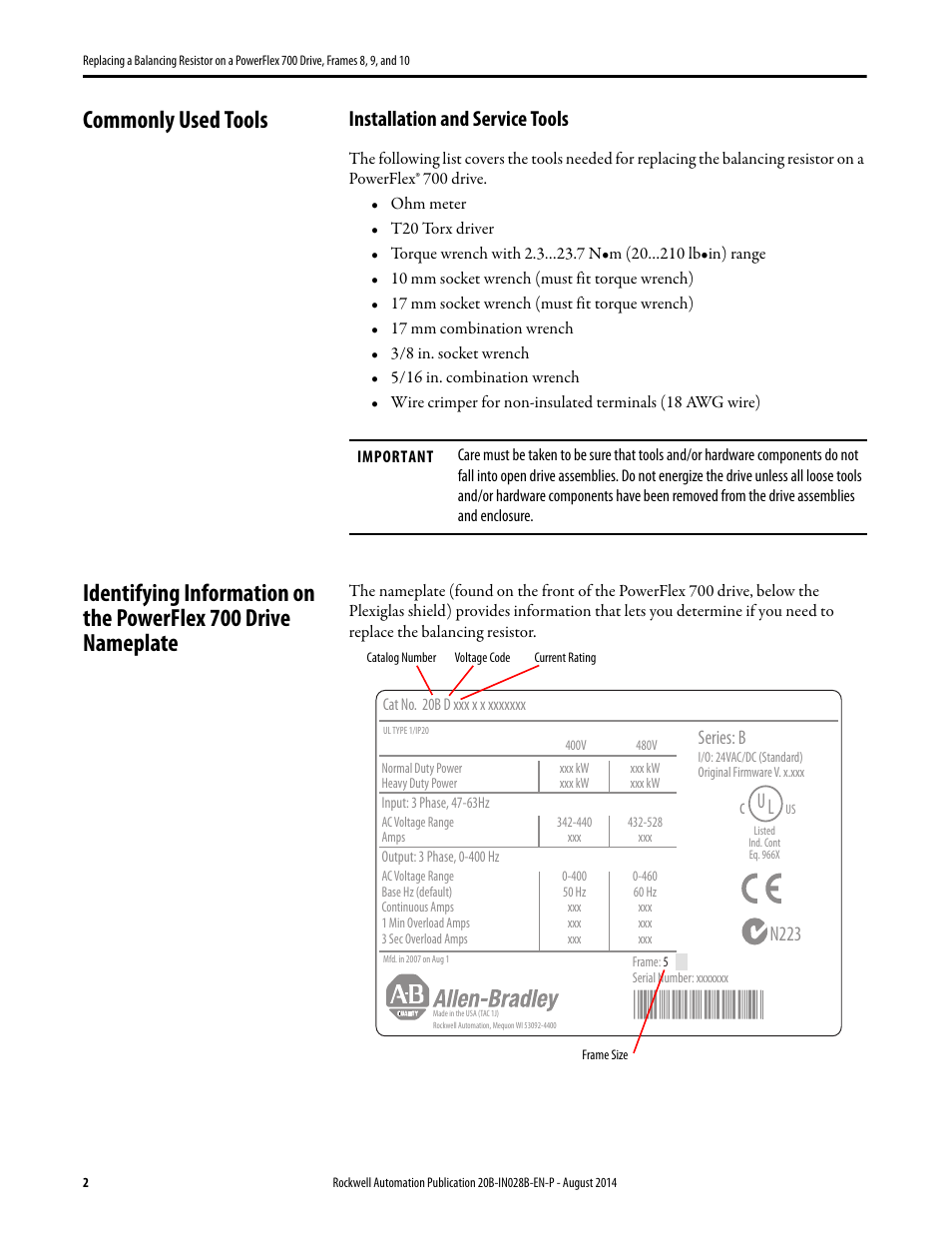 Commonly used tools, Installation and service tools, N223 | Series: b | Rockwell Automation 20B Replacing a Balancing Resistor on a PowerFlex 700 Drive, Frames 8, 9, and 10 User Manual | Page 2 / 18