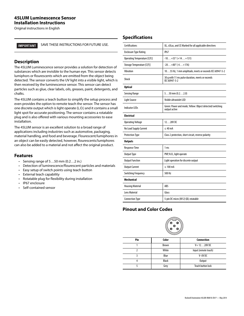 Rockwell Automation 45LUM-D7JPT1-D5 Luminescence Sensor User Manual | 4 pages