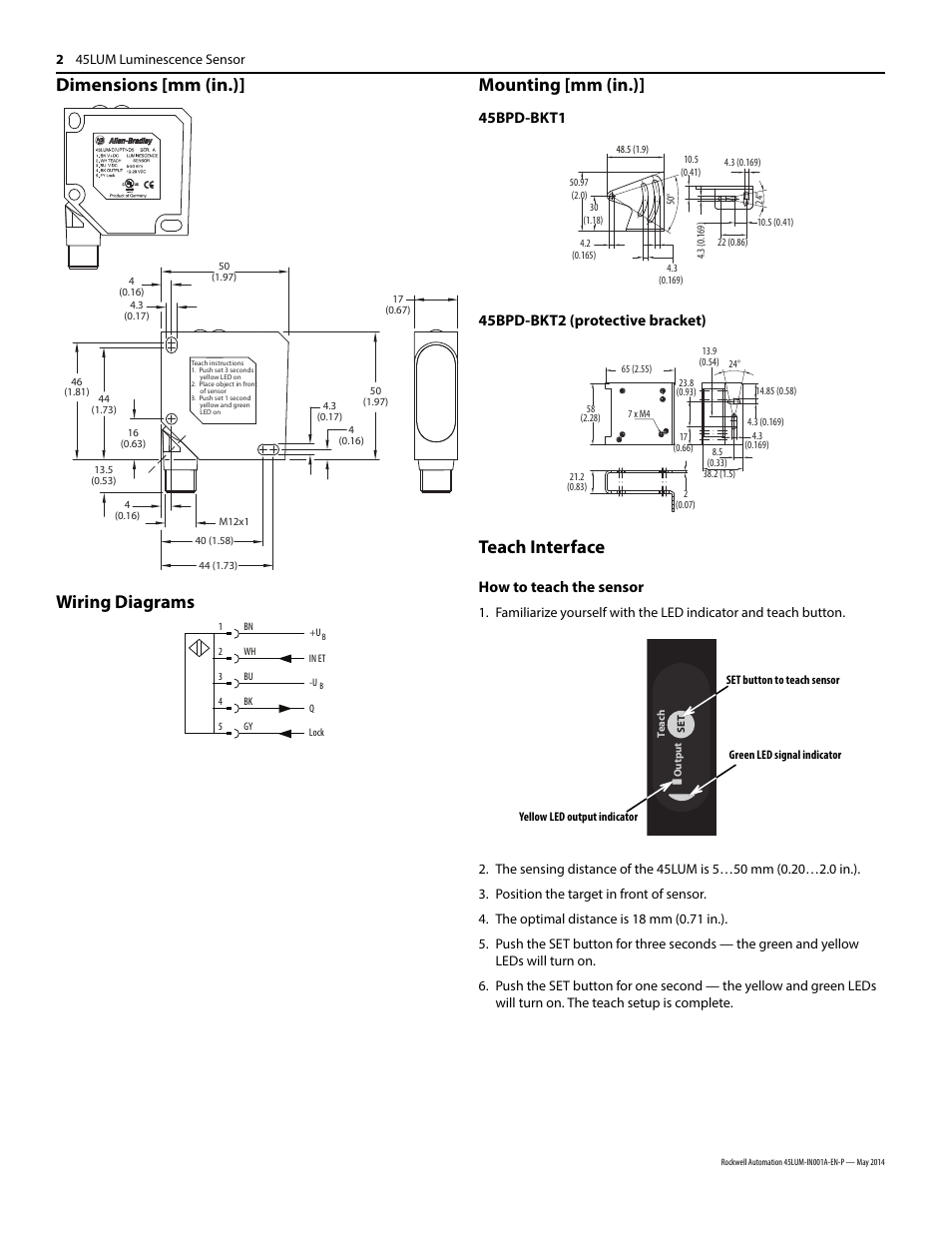 Dimensions [mm (in.)] wiring diagrams, Mounting [mm (in.), Teach interface | How to teach the sensor | Rockwell Automation 45LUM-D7JPT1-D5 Luminescence Sensor User Manual | Page 2 / 4