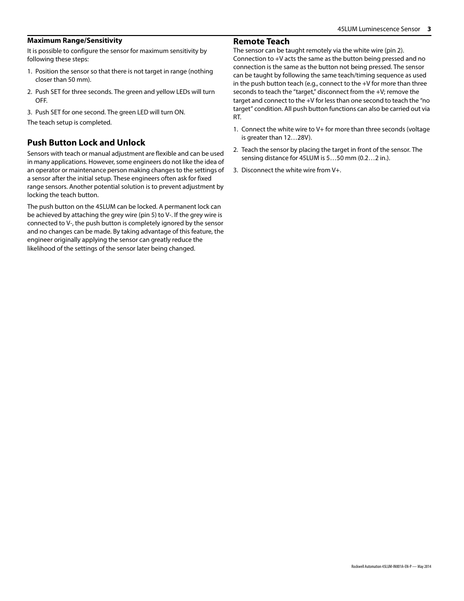 Push button lock and unlock, Remote teach | Rockwell Automation 45LUM-D7JPT1-D5 Luminescence Sensor User Manual | Page 3 / 4