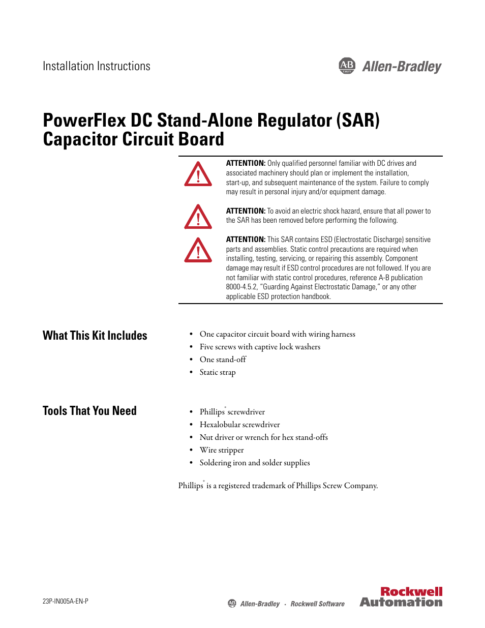 Rockwell Automation 23P PowerFlex DC Stand-Alone Regulator (SAR) Capacitor Circuit Board User Manual | 10 pages