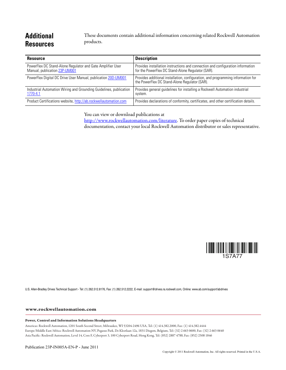 Additional resources, Back cover | Rockwell Automation 23P PowerFlex DC Stand-Alone Regulator (SAR) Capacitor Circuit Board User Manual | Page 10 / 10