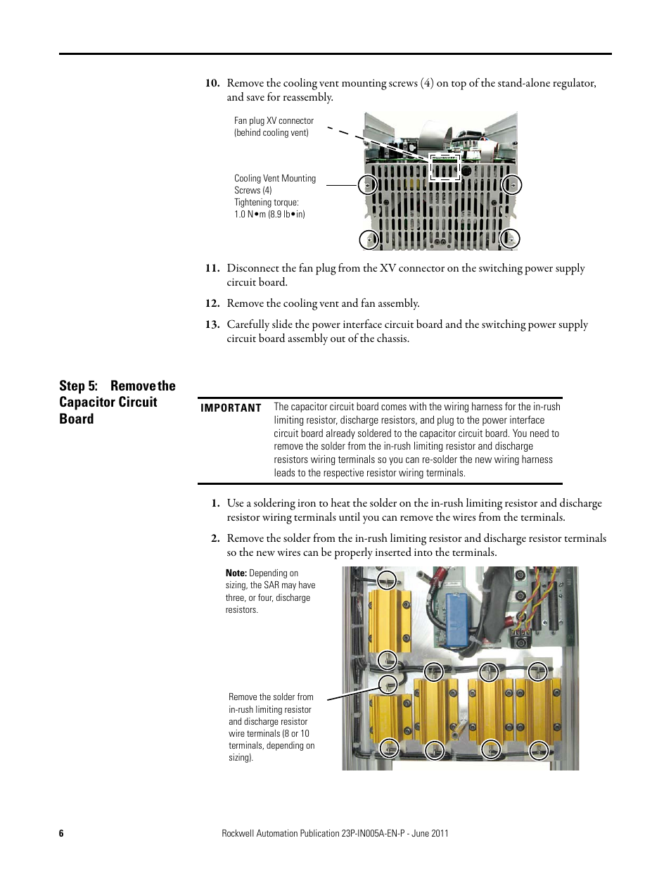 Step 5: remove the capacitor circuit board, Remove the capacitor circuit board | Rockwell Automation 23P PowerFlex DC Stand-Alone Regulator (SAR) Capacitor Circuit Board User Manual | Page 6 / 10