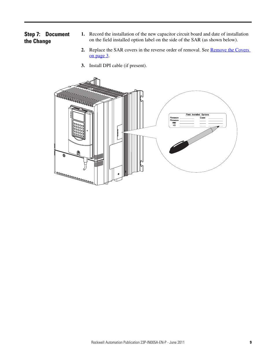Step 7: document the change, Document the change | Rockwell Automation 23P PowerFlex DC Stand-Alone Regulator (SAR) Capacitor Circuit Board User Manual | Page 9 / 10