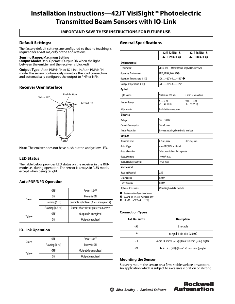 Rockwell Automation 42JT VisiSight Photoelectric Transmitted Beam Sensors User Manual | 4 pages