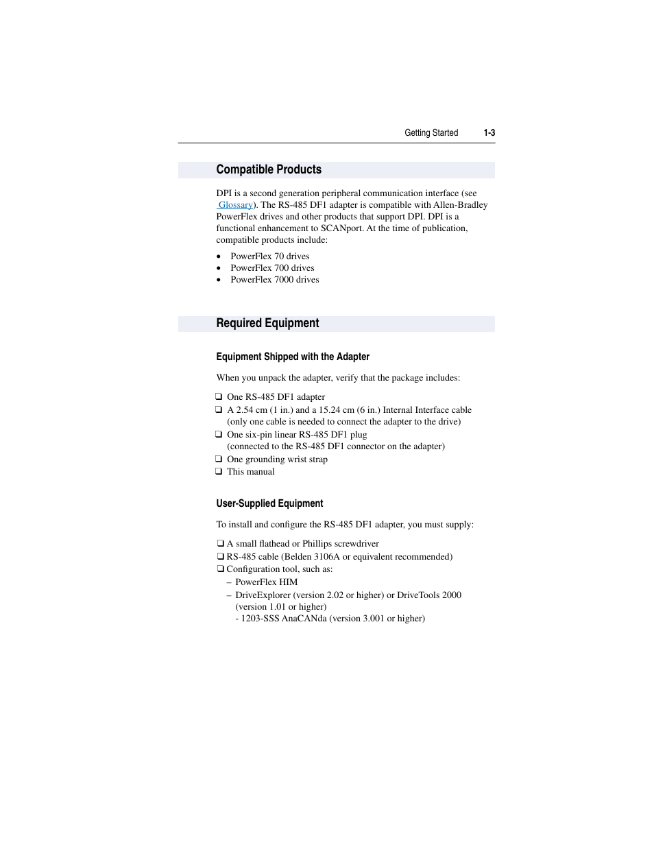 Compatible products, Required equipment, Compatible products -3 required equipment -3 | Compatible products required equipment | Rockwell Automation 20-COMM-S RS-485 DF1 Adapter User Manual | Page 11 / 63