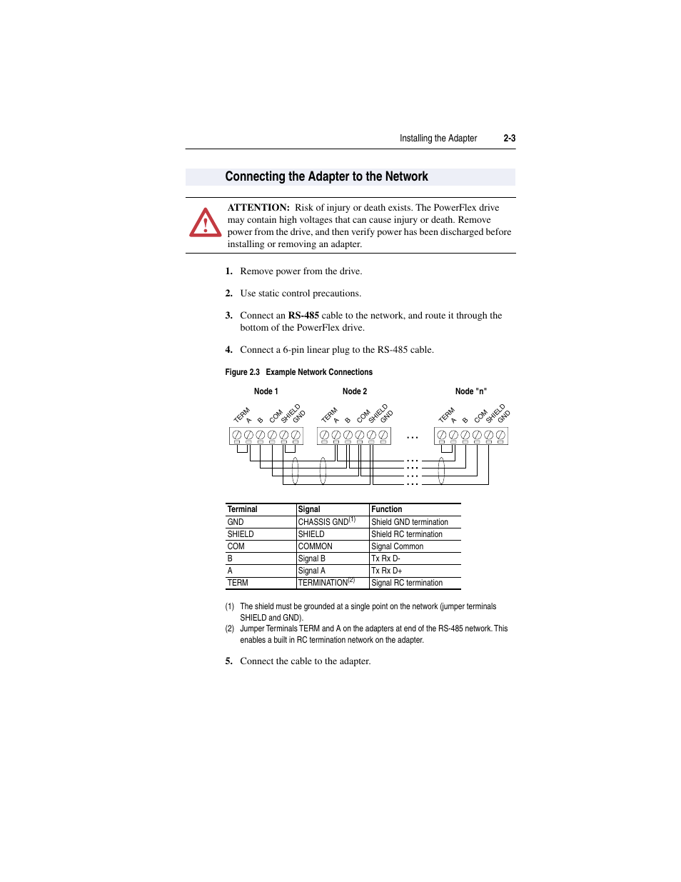 Connecting the adapter to the network, Connecting the adapter to the network -3 | Rockwell Automation 20-COMM-S RS-485 DF1 Adapter User Manual | Page 17 / 63