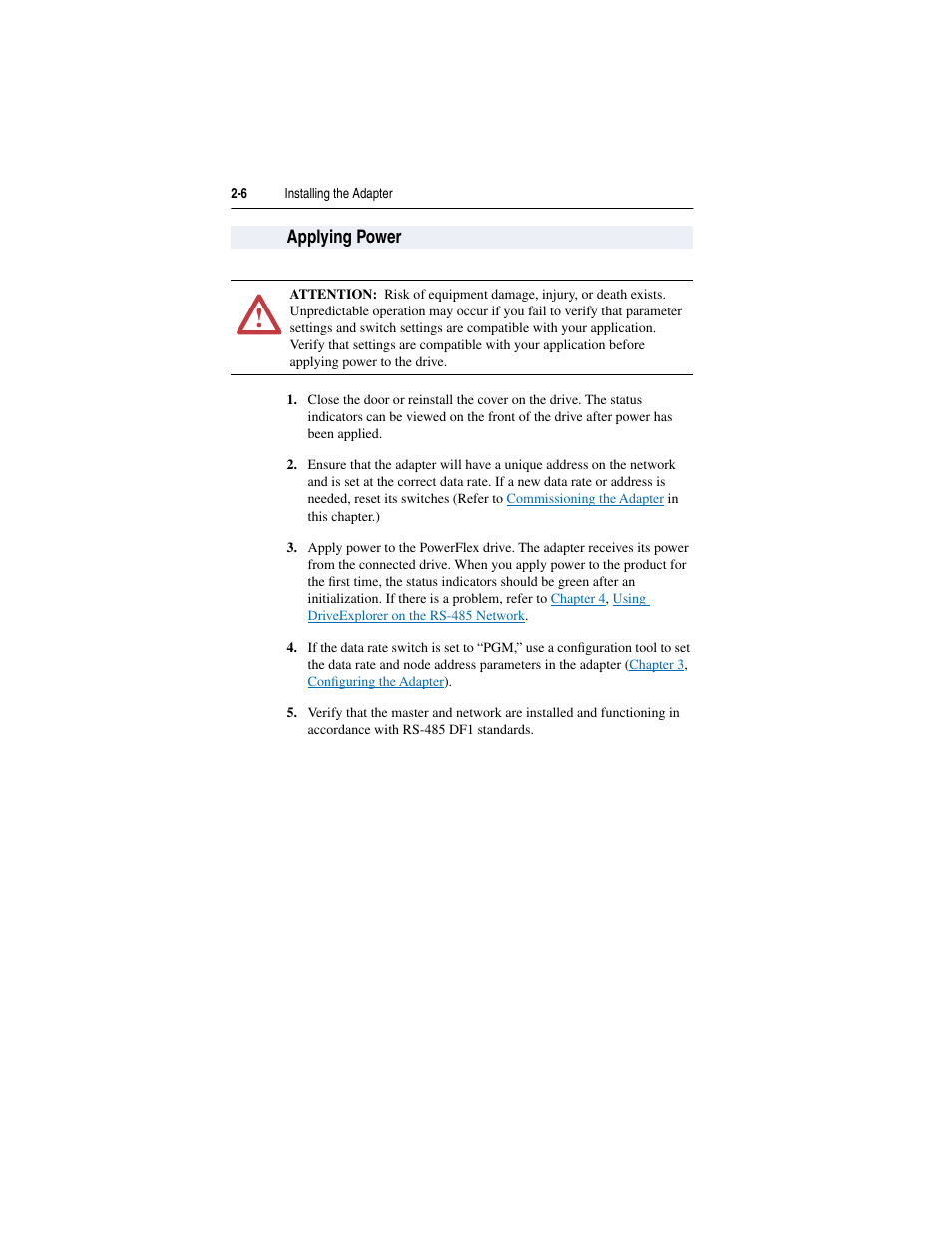 Applying power, Applying power -6 | Rockwell Automation 20-COMM-S RS-485 DF1 Adapter User Manual | Page 20 / 63