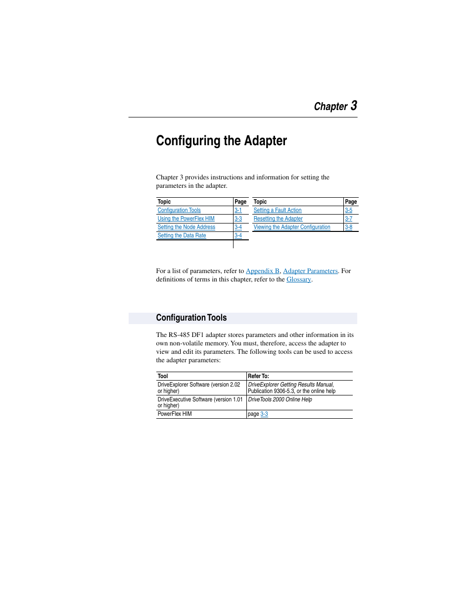 Configuration tools, Chapter 3, Configuring the adapter | Configuration tools -1, Configuring the, Adapter, Configuring, The adapter, 3configuring the adapter, Chapter | Rockwell Automation 20-COMM-S RS-485 DF1 Adapter User Manual | Page 21 / 63
