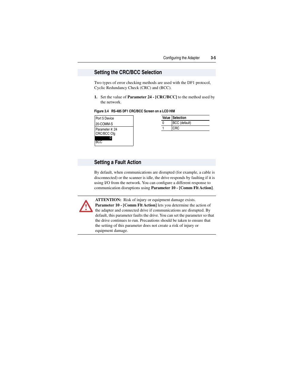 Setting the crc/bcc selection, Setting a fault action | Rockwell Automation 20-COMM-S RS-485 DF1 Adapter User Manual | Page 25 / 63