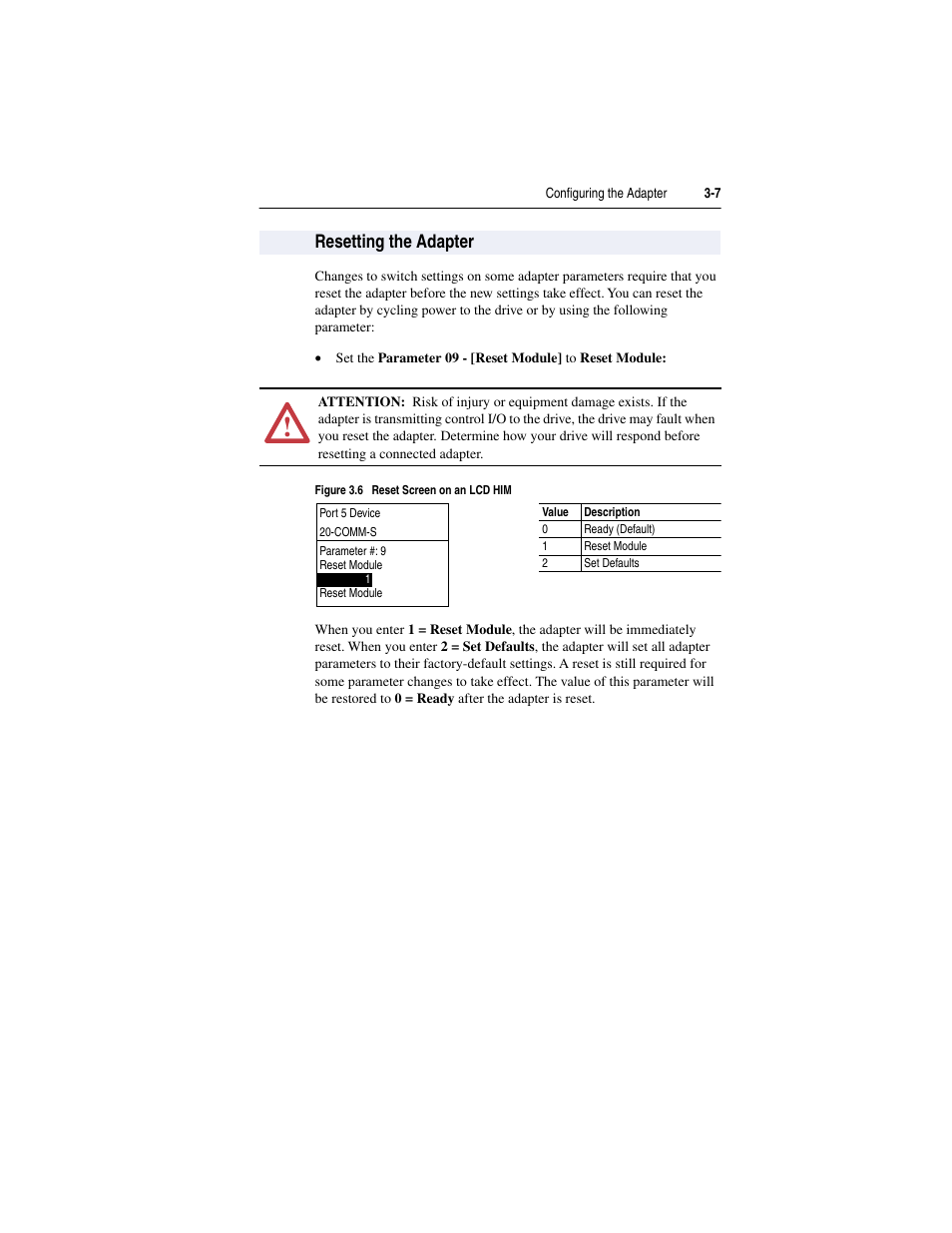 Resetting the adapter, Resetting the adapter -7, Section in this | Rockwell Automation 20-COMM-S RS-485 DF1 Adapter User Manual | Page 27 / 63