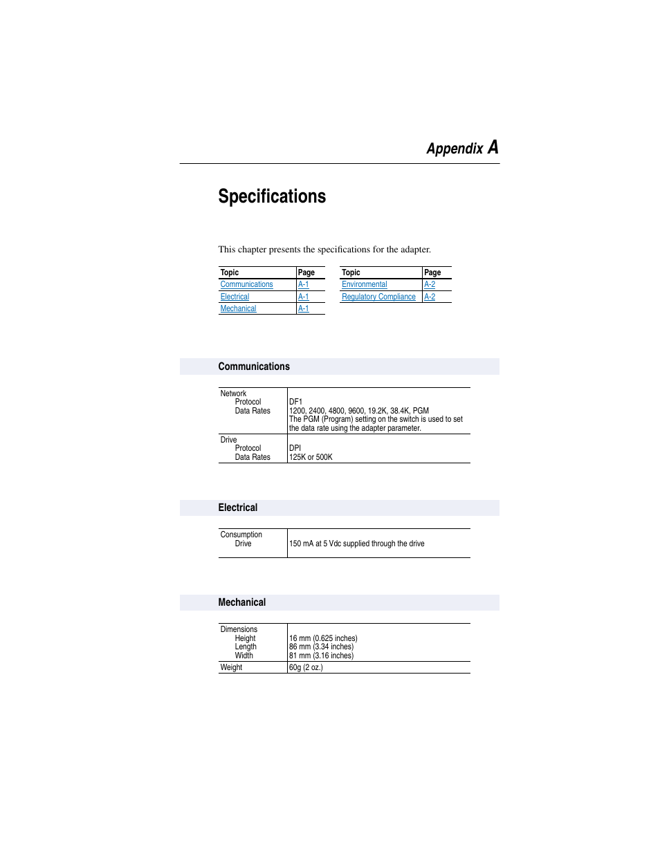Communications, Electrical, Mechanical | Appendix a, Specifications, Aspecifications, Appendix | Rockwell Automation 20-COMM-S RS-485 DF1 Adapter User Manual | Page 43 / 63
