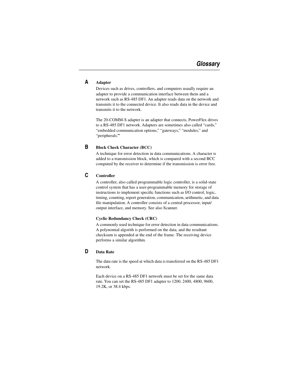 Glossary | Rockwell Automation 20-COMM-S RS-485 DF1 Adapter User Manual | Page 51 / 63