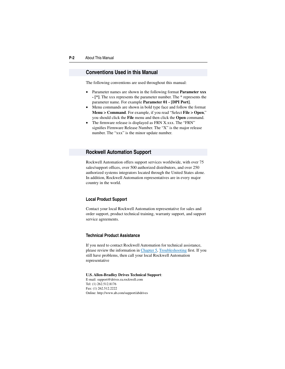 Conventions used in this manual, Rockwell automation support | Rockwell Automation 20-COMM-S RS-485 DF1 Adapter User Manual | Page 8 / 63