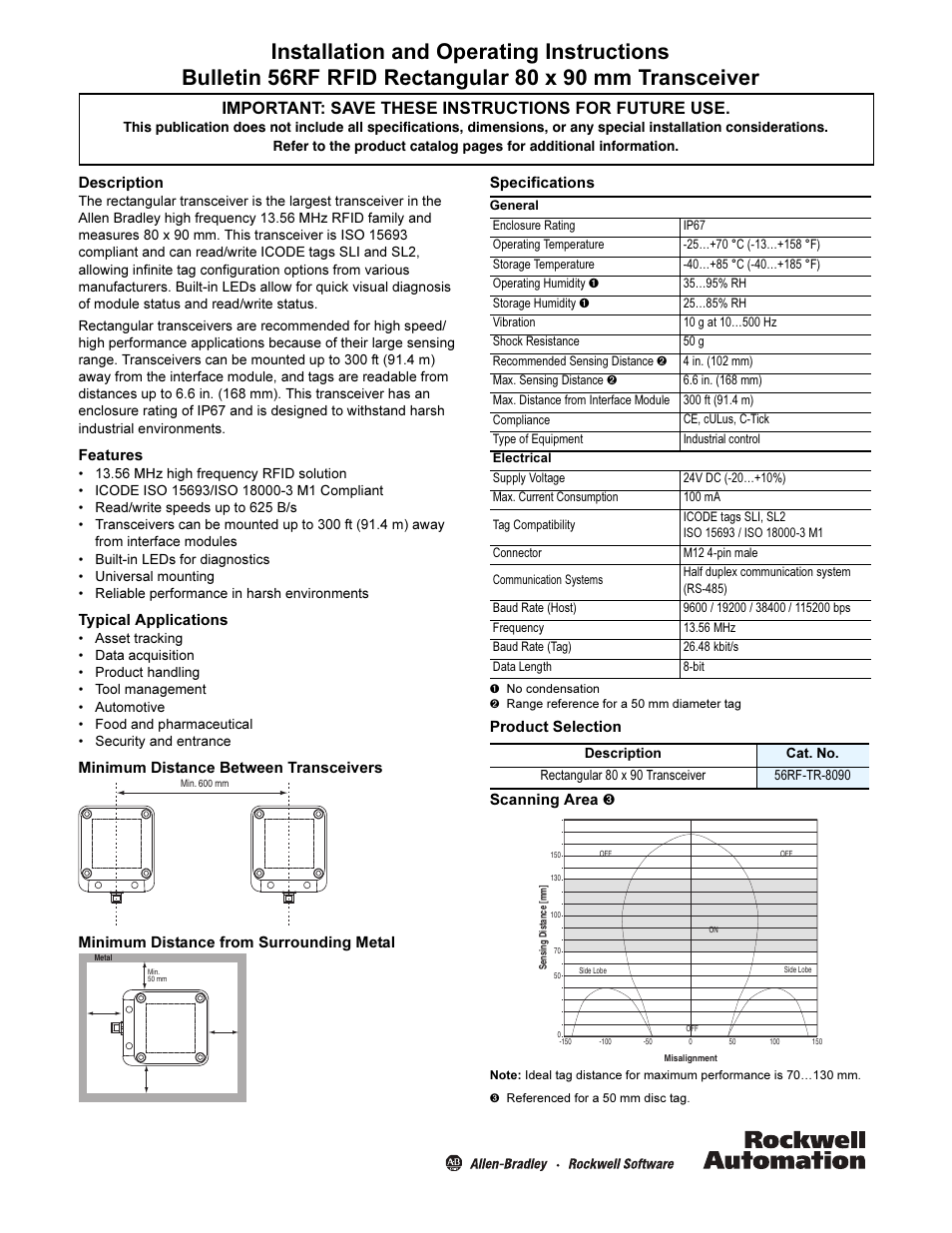 Rockwell Automation 56RF Rectangular 80x90 mm Transceiver Installation Instructions User Manual | 2 pages