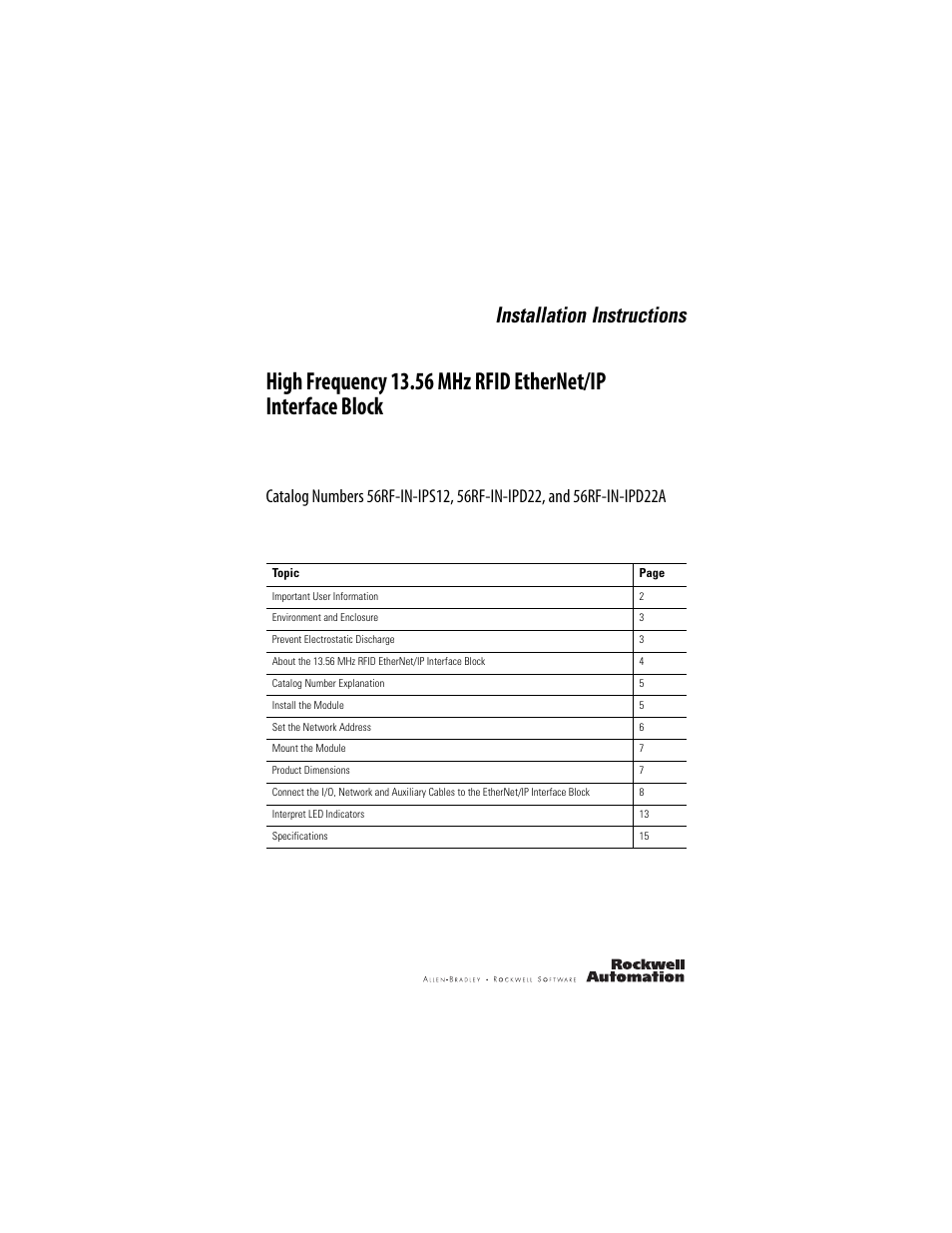 Rockwell Automation 56RF High Frequency 13.56 MHz RFID EtherNet/IP Interface Block User Manual | 20 pages
