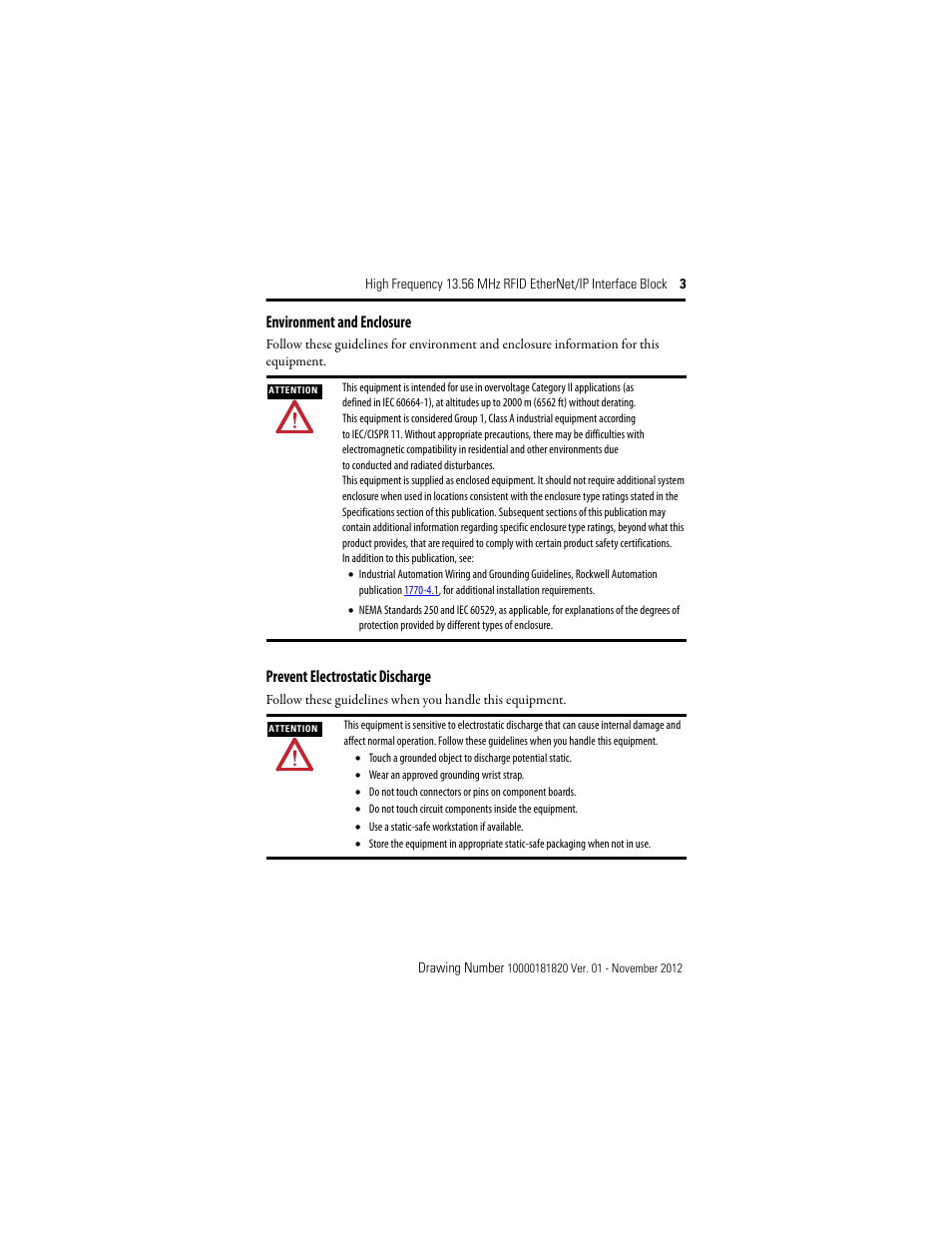 Environment and enclosure, Prevent electrostatic discharge | Rockwell Automation 56RF High Frequency 13.56 MHz RFID EtherNet/IP Interface Block User Manual | Page 3 / 20